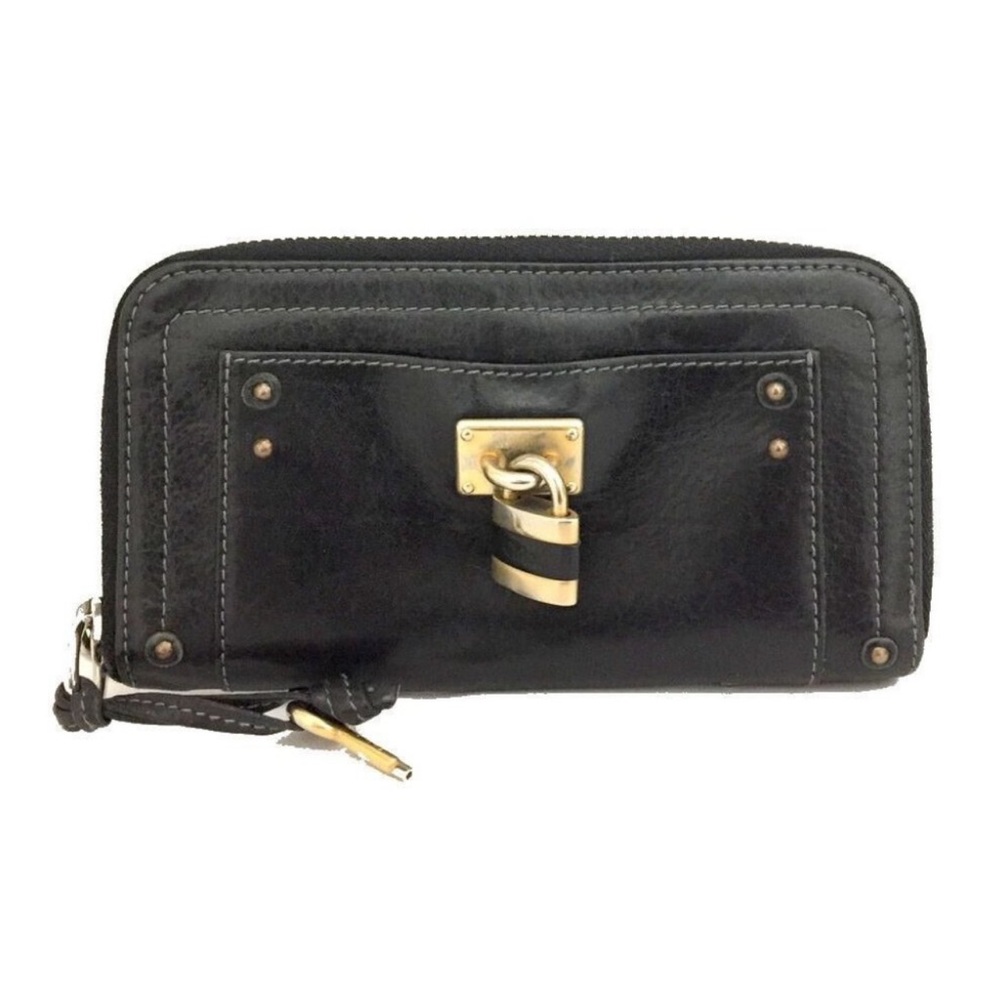* Chloe Luxury Black Leather Paddington Lock Key Long Wallet Cardholder *